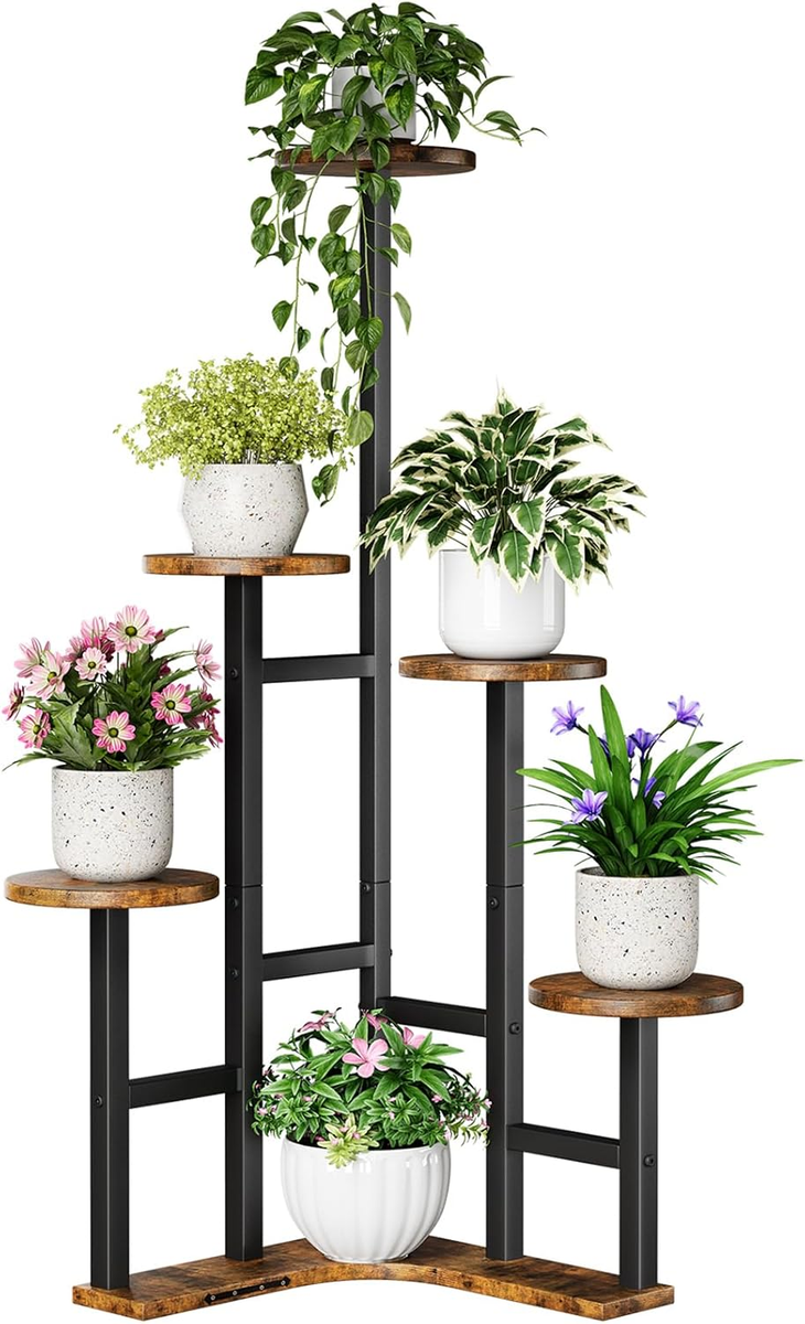 ITOPFOX Corner Plant Stand Indoor 6 Tier Plant Shelf Rustic Brown Wood Display Rack for Multiple Plants Living Room Balcony Patio Garden Metal