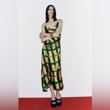 Zara Green and Yellow Satin Midi Dress