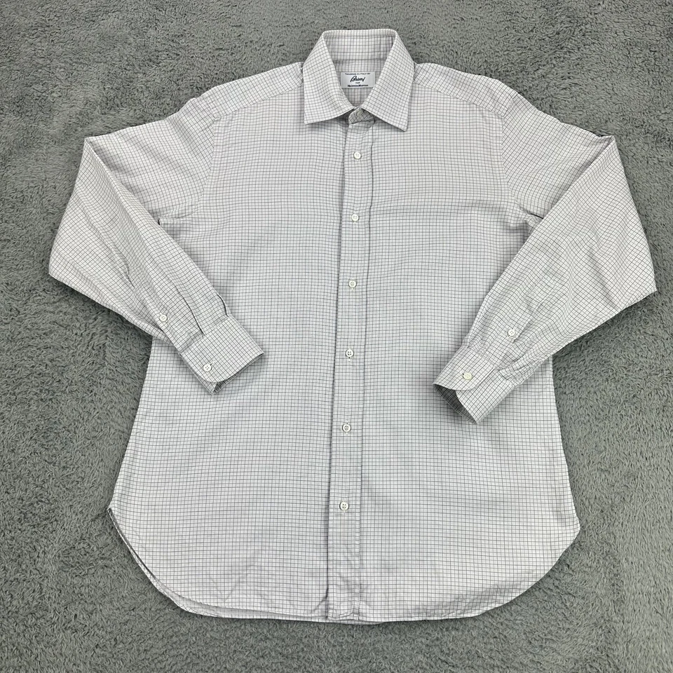 Brioni Dress Shirt Mens 15 White Blue Check Plaid Button Up Italy - Image 2 of 4