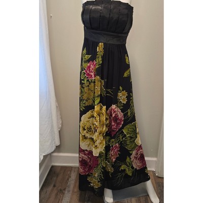 Ever-Pretty Strapless Floral Maxi Dress Black Empire Waist Chiffon Womens US 10