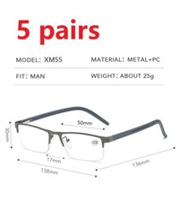 5 PK Men Reading Glasses Half Frame Spring Hinge Reader Glasses Anti Blue Light