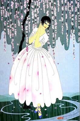 Erte 1982 BLOSSOM UMBRELLA Girl Under Pink Flowering Tree Fashion