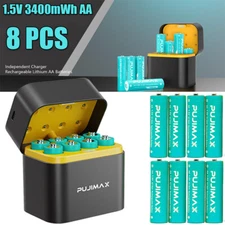PUJIMAX 8-Pack 3400mWh 1.5V AA Rechargeable Lithium Batteries with Fast Charger