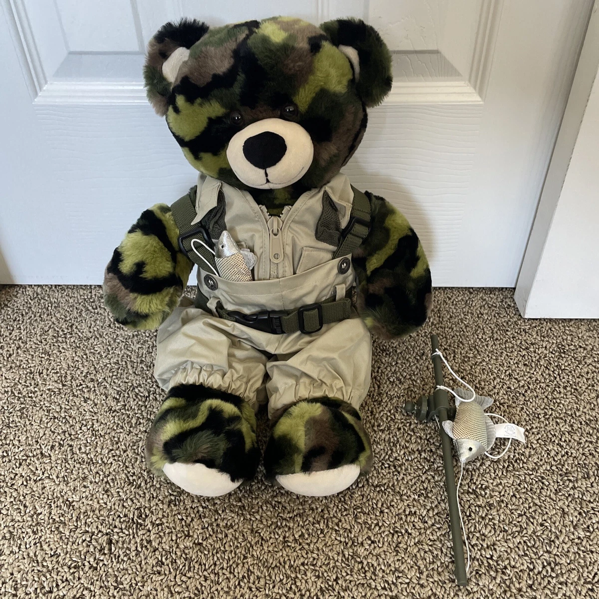 Build A Bear 17” CAMO BEAR Military Army With Fishing Outfit/Rod