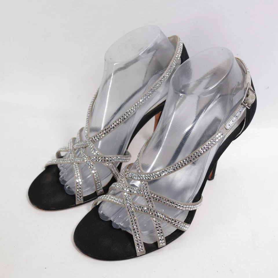 Sandalias de Tacón de Aguja Beverly Feldman De Colección 8.5 Negras Sat Estrás Formales Elegantes Foto 4 de 4