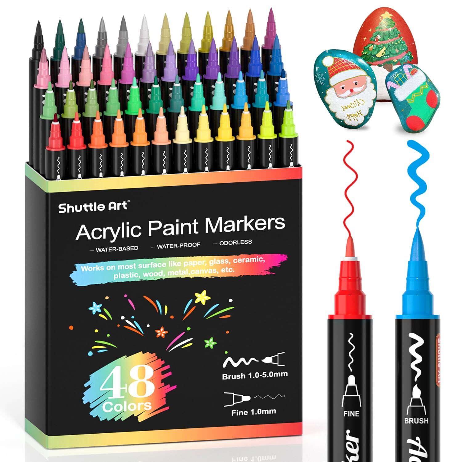Shuttle Art 48 Colors Dual Tip Acrylic Paint Markers, Brush 