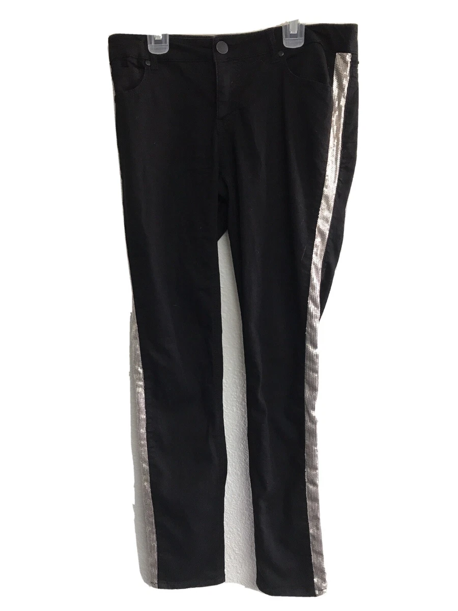 Xhilaration Black Sequin Tuxedo Stripe Skinny Pants 9 Pockets Zip Button  Stretch