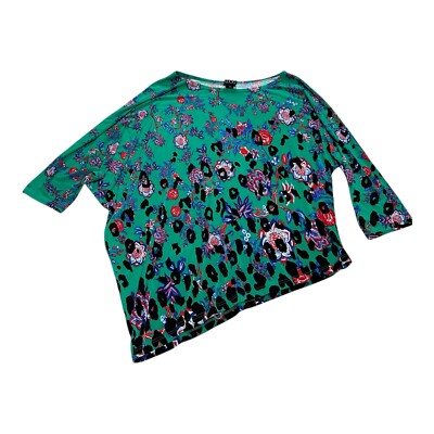 Clara Sun Woo Asymmetric Hem 3/4 Sleeve Tunic Women s XS Green Floral Multi