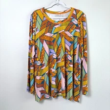 Logo Lori Goldstein Rayon 230 Top Size XL Gold Pink Geometric Pockets Pullover