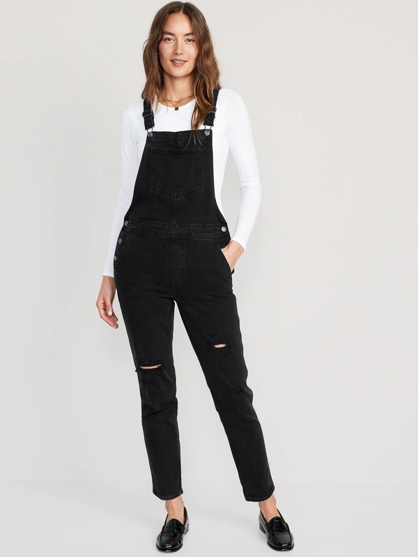 New OG Straight Black-Wash Ripped Jean Overalls for Women Size 2 Petite