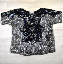 80s International Fashions Silk Sequin Blouse Art Deco Beaded Stage Medium VTG