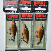 3 lures rapala uls-4 uls04 ultra light shad crankbait 1.5" gold finesse sinking