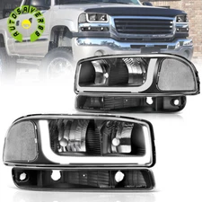 For 1999-2006 GMC Sierra Yukon XL LED DRL Black Headlights Bumper Signal Lamps
