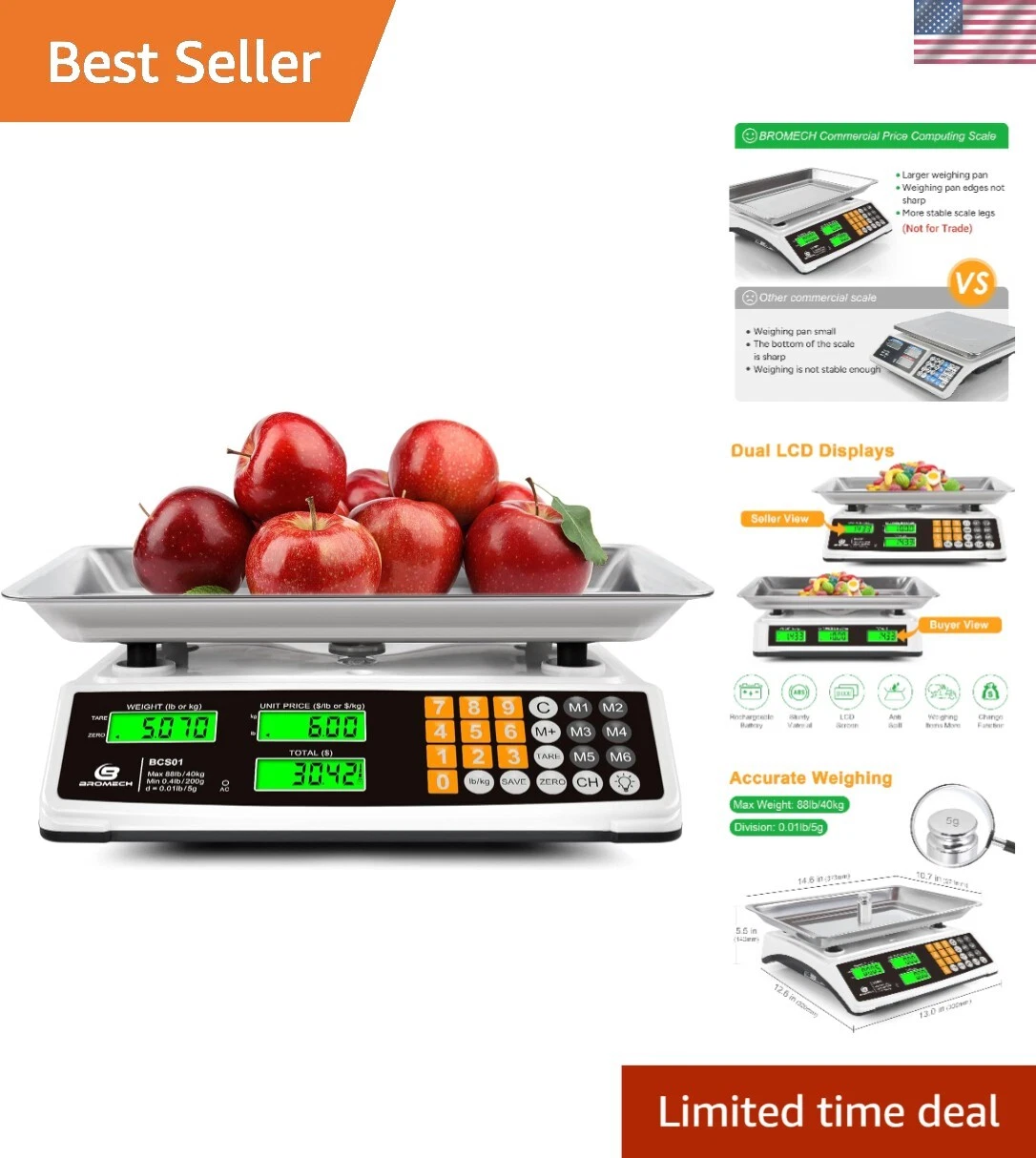Large Platform Food Scale with Backlit Display - 40kg Capacity for Easy Weighing