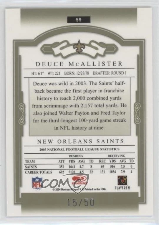 2004 Donruss Classics Timeless Tributes Green /50 Deuce McAllister #59 - Image 2 of 2