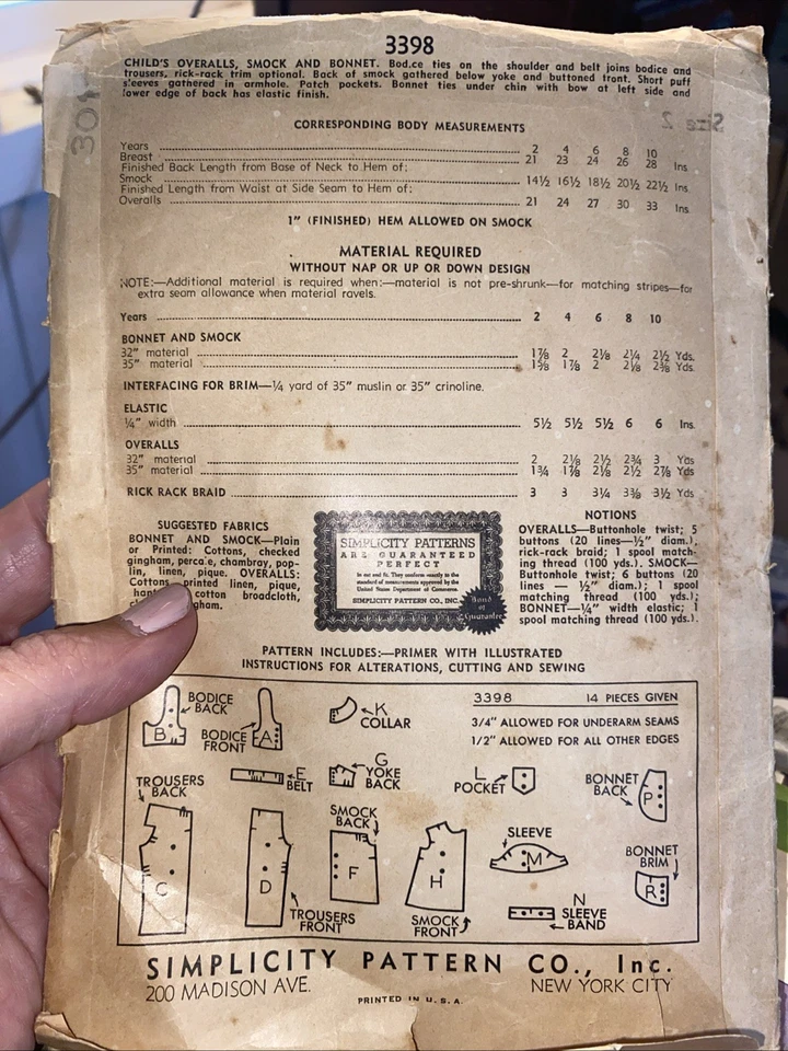 1930s Simplicity Sewing Pattern 3398 Girls Overalls Smock Bonnet Sz 8 Antq - Image 4 of 4