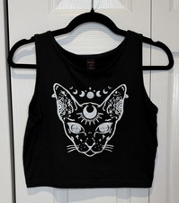 Womens Gothic Cat Cropped Tank Top Size M Celestial Witchy Whimsigoth Grunge Emo