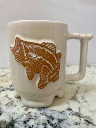 Frankoma Pottery Bass Fish White Coffee Cup Mug Footed Handle