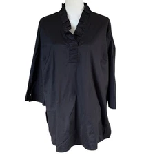 Ming Wang Womens Top Tunic Blouse Black Ruffle Neckline 3/4 Sleeve Size L