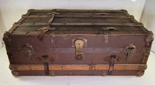 Antique Excelsior Steamer Travel Trunk Metal Clasp Leather Strap Wallpaper VTG