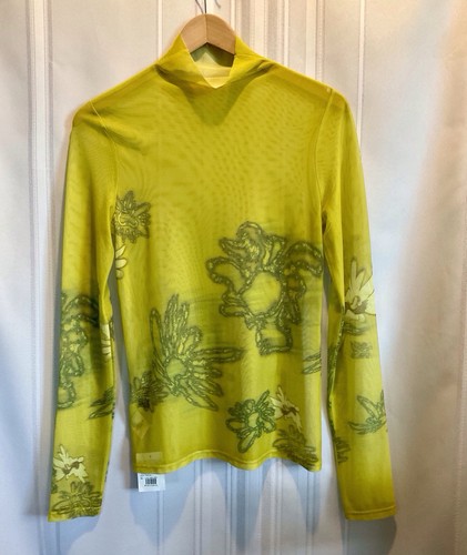 Collina Strada Yellow Floral Mesh Turtleneck Semi-sheer Top