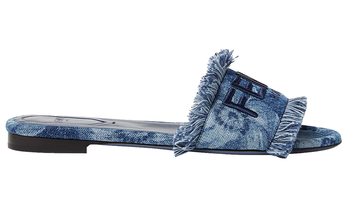 Fendi Sunshine Blue Denim Frayed FF Logo Mule Slide Flat Flip Flop