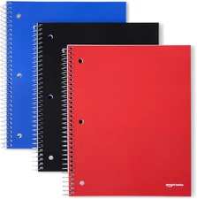 1 Subject Wide Ruled Spiral Notebook, Poly Cover, 100 Sheets, 8" x 10-1/2", 3 pa