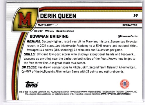 2024-25 Bowman University Chrome #19 Derik Queen Refractor - Picture 2 of 2