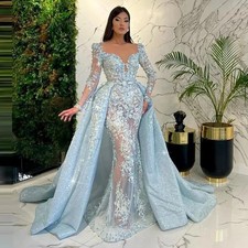 Lace Appliques 3D Flowers Mermaid Prom Dresses With Detachable Train Long Sleeve
