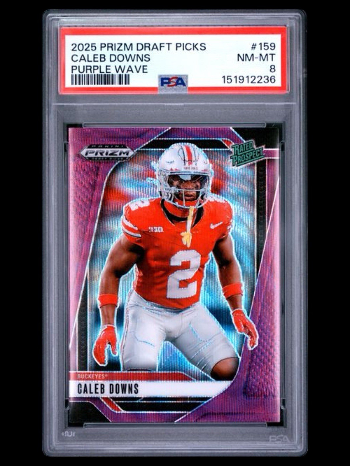 2025 Panini Prizm Draft Picks - Caleb Downs #159 Purple Wave Prizm (RC) PSA 8