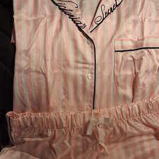 Victoria's Secret Striped Satin Pajama Set Pink White Button-Up Collared