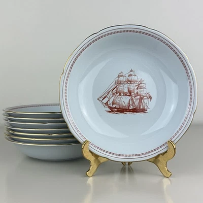 Set Of 4 Spode Trade Winds Red Ship Cereal Bowl Gold Rim 6.25" Stamped W128 - Image 1 of 4