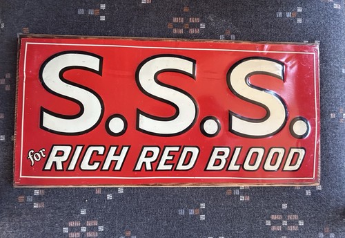 NOS EMBOSSED S.S.S. FÜR SATTES ROTES BLUT BLECHSCHILD NEUWERTIG TONIC QUACK - Bild 2 von 7