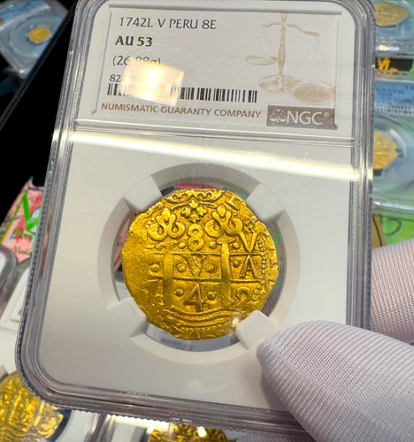 PERU 8 ESCUDOS 1742 'ONLY 4 GRADED' NGC 53 PIRATE GOLD COINS DOUBLOON TREASURE