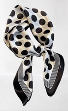 100% Silk  26" square Scarf Women neckerchief Wrap Polka Dot black white WS275