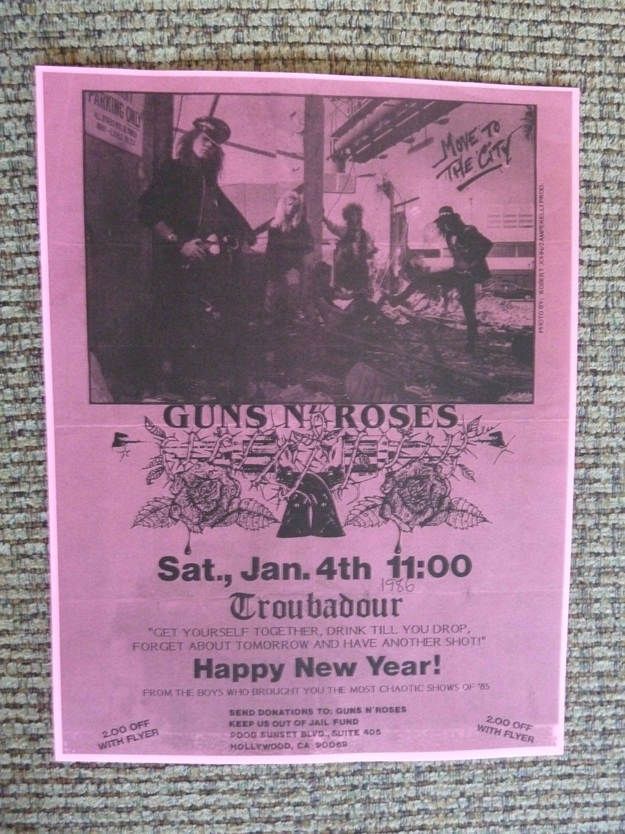 Guns & Roses Early July 4 1986 Troubadour Concert Flyer Poster