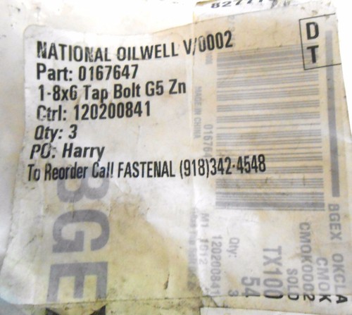 NATIONAL, TAP BOLT, 0167647, 1" DIAMETER, 6" LENGTH, GRADE 5, ZINC, LOT OF 3 - 第 2/6 張圖片