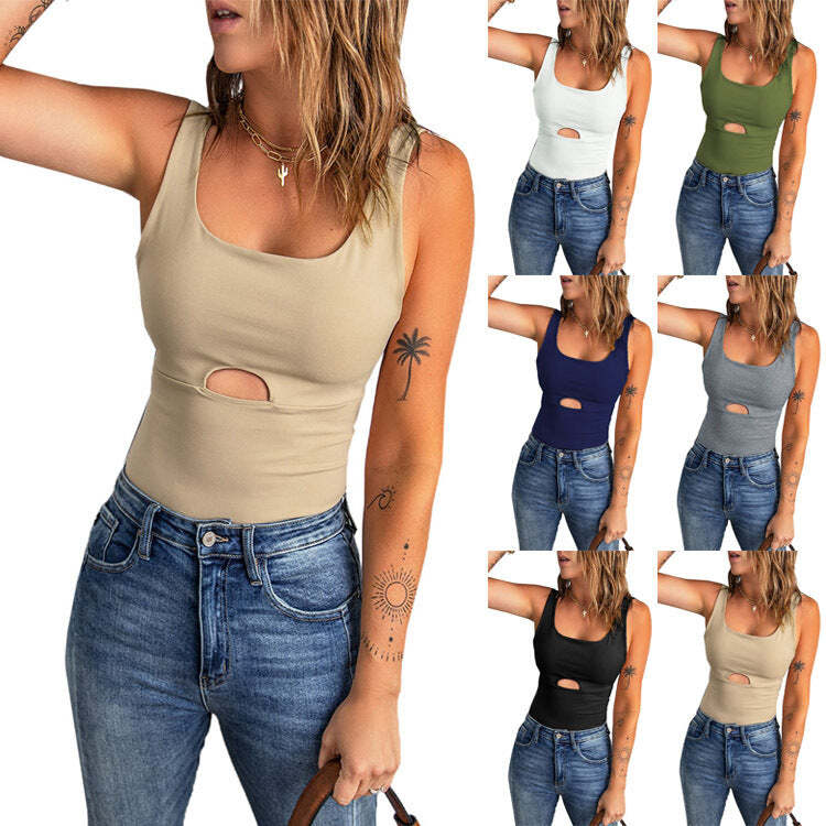 European And American Solid Color Women's Sleeveless Hollow Vest