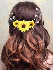 Sunflower Bridal Hair Vine Silver Pearl Leaf Headpiece for Bridesmaids