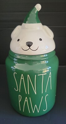 RAE DUNN Dog Canister Christmas SANTA PAWS Ceramic Cookie Jar Green Large Gift