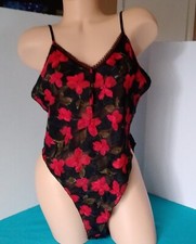 Vintage Teddie Lingerie Blanche Bodysuit Black Red Floral Size Large