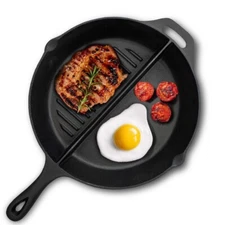 13” Preseasoned Cast Iron Skillet Divided Frying Pan Black Non Stick Kitchenware