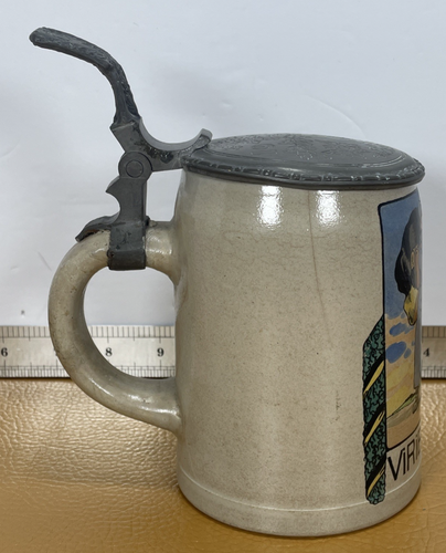 Taza de cerveza antigua Stein VIRIBUS UNITIS Austro-Húngara tapa grabada y tirador 1914 - Imagen 7 de 21
