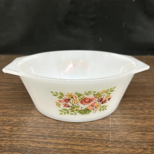 Vtg Arcopal Casserole Dish French Partridge Tulip Floral Milk Glass
