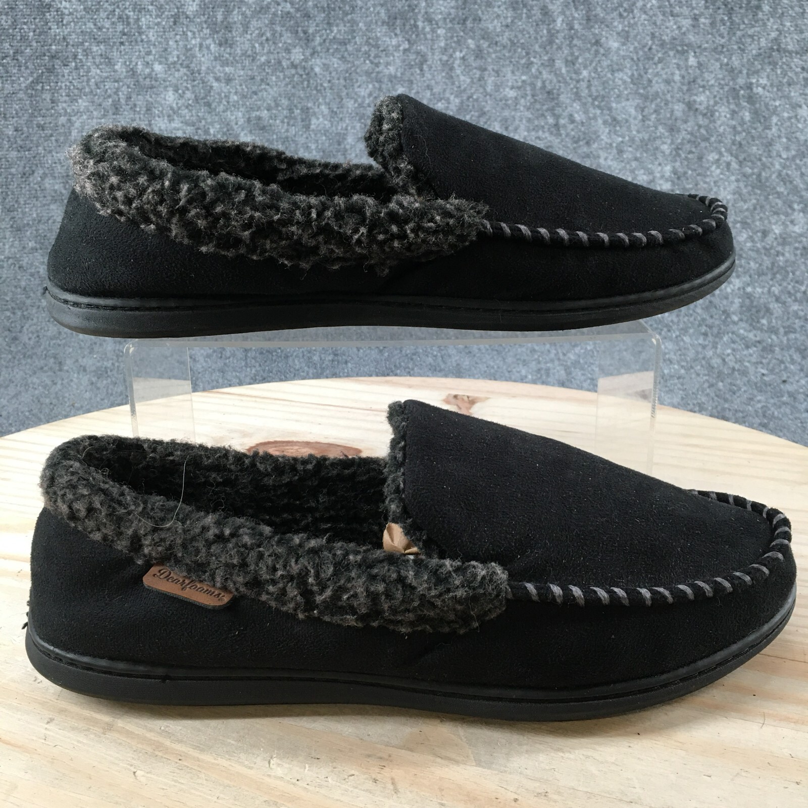 Dearfoams Mens Black Suede Moccasin Slippers Size 9-10 Sherpa Lined Comfort Pull On-image
