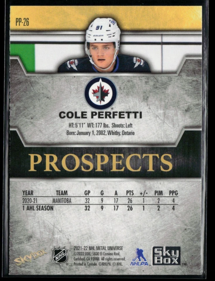2021-22 SkyBox Metal Universe Skybox Premium Prospects Cole Perfetti #PP-26 - Image 2 of 2