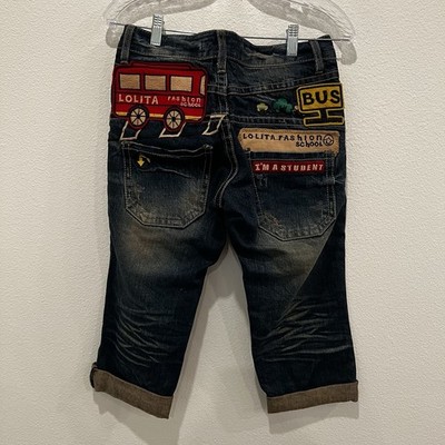 Lolita Jeans Concert Club Skater Patchwork Cartoon Y2K Jeans Sz S Rare Dope