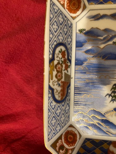 2 Vintage Chinese Porcelain 6” Square Dishes w/ Landscape Scenes Blue, Red, Gold - Picture 10 of 11