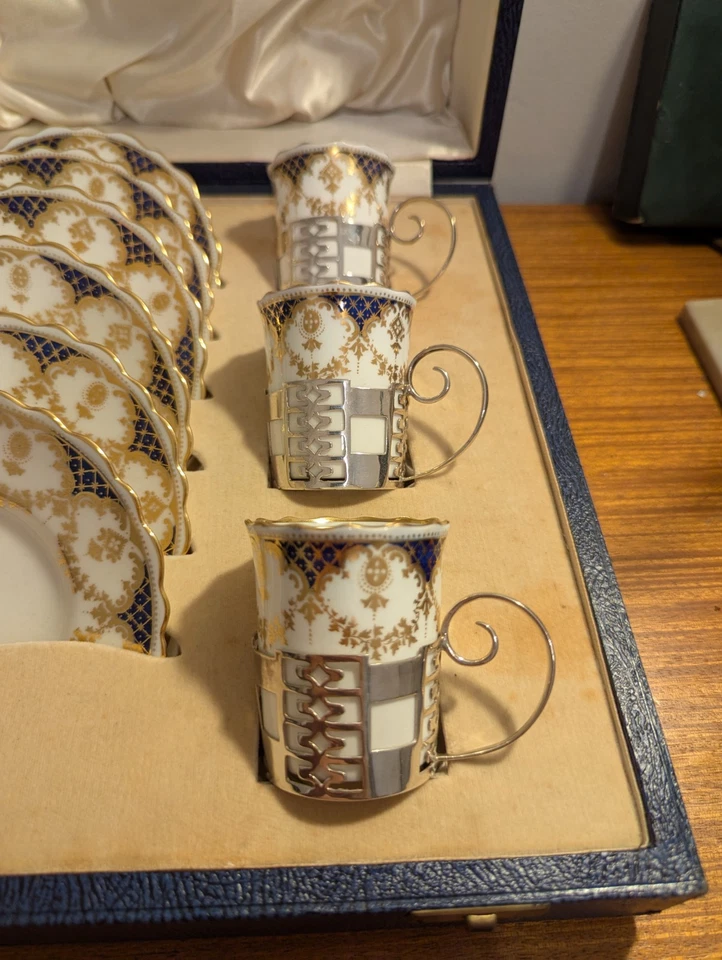 Sterling Silver Walker & Hall For Aynsley Coffee Can Set Of 6 Boxed Rare Set - Image 3 of 4