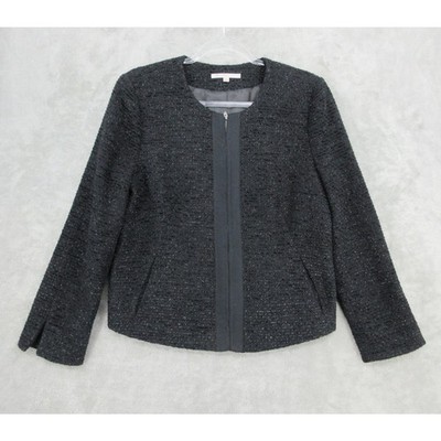 Gap Jacket Women Medium Textured Tweed Full Zip Linen Wool Blazer Lined Black